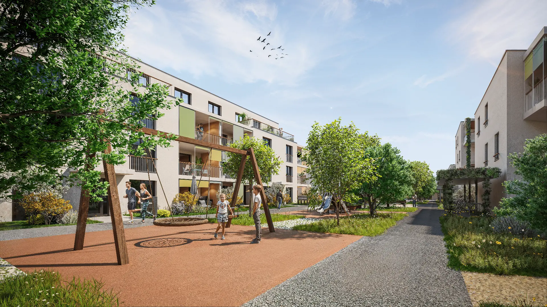 Rendering: begrünter, autofreier Innenhof mit Wohnhäusern in Suhr