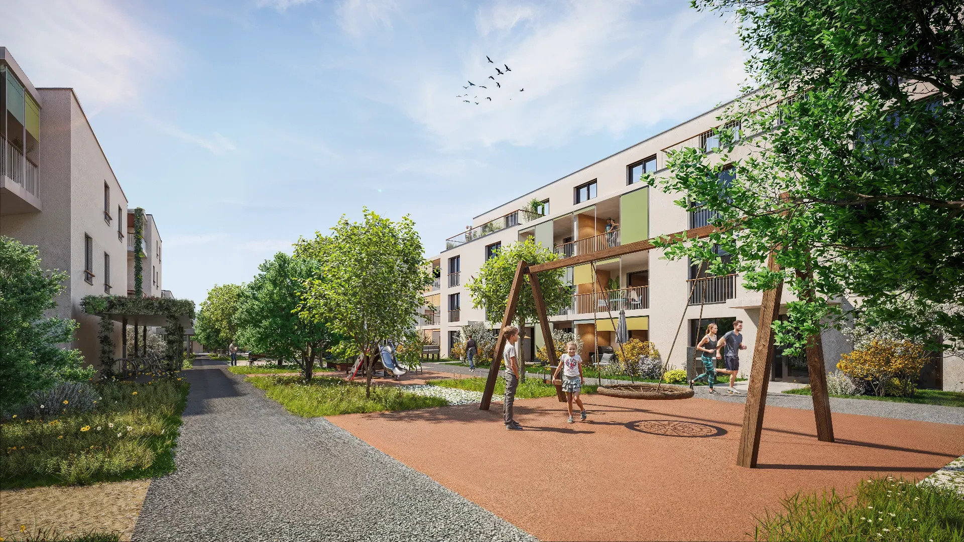 Rendering: begrünter, autofreier Innenhof mit Wohnhäusern in Suhr