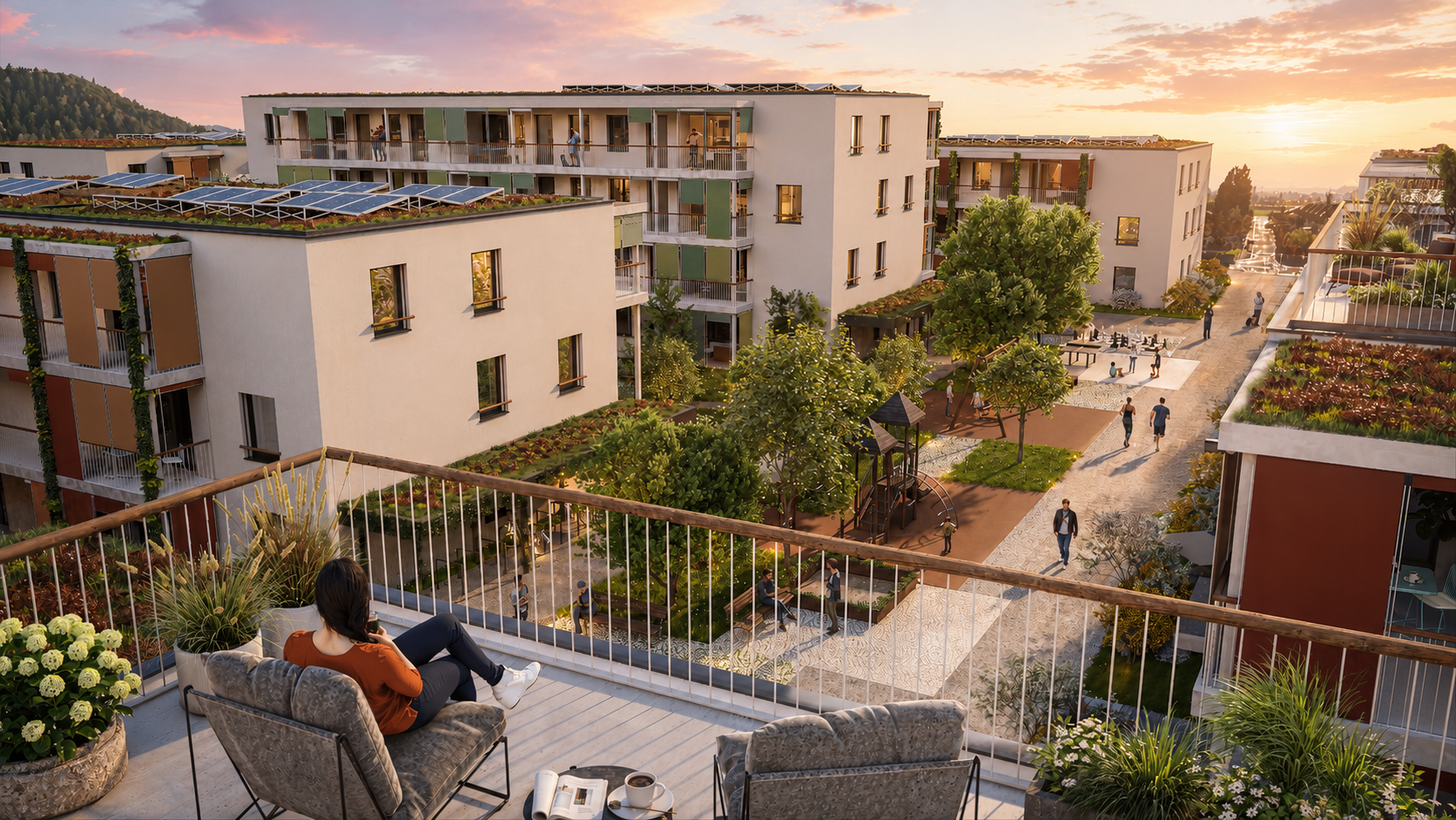 Rendering: Abendstimmung auf dem Balkon mit Blick über das Quartier