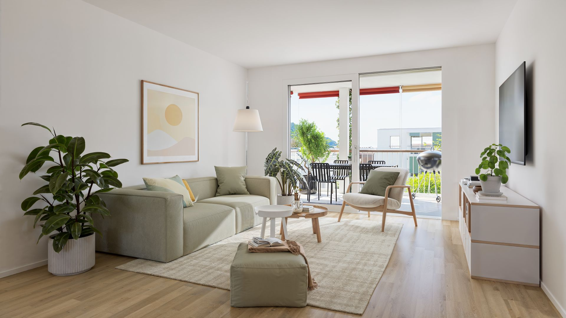 Rendering: Wohnzimmer mit salbeigrünem Sofa und Eichenparkett